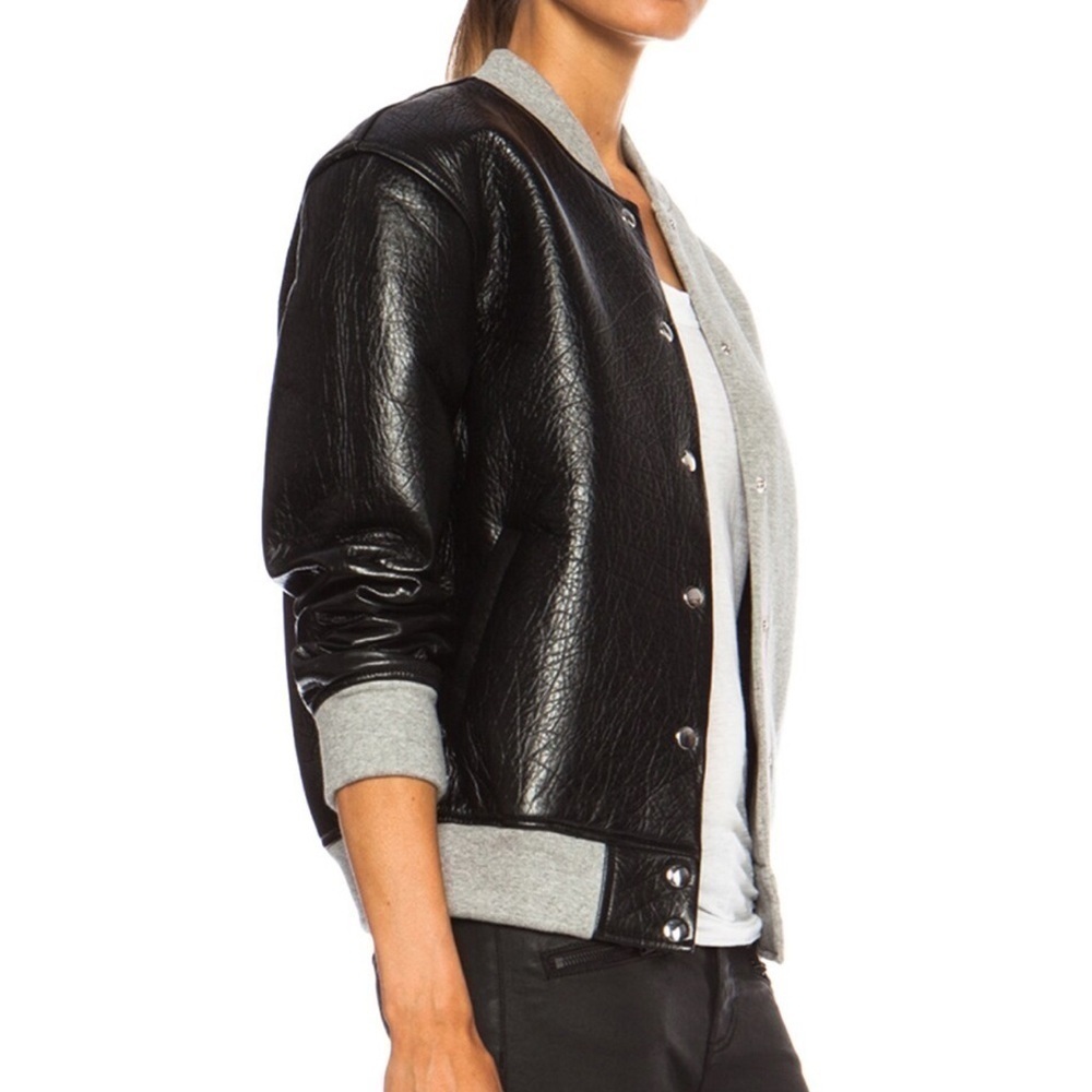 ALEXANDER WANG Leather & Neoprene Half Half Varsity Jacket Black and Grey - Picture 4 of 13